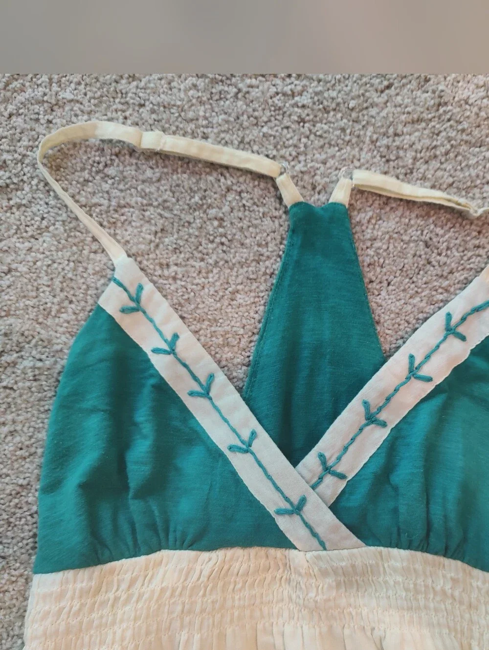 Adorable Cream and Teal Embroidered Sundress. So Cute! - Picture 2 of 8